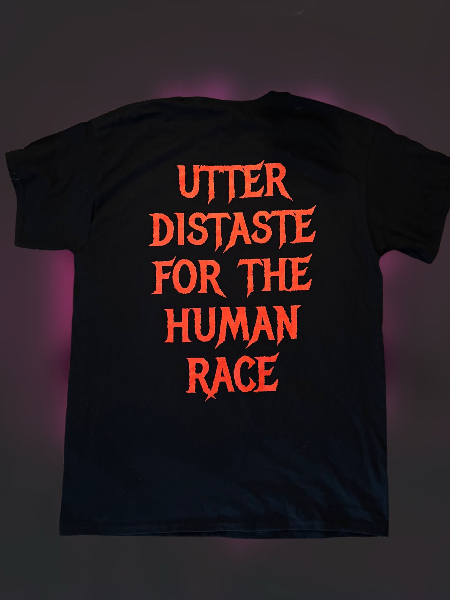 Overlord t-shirt in red and black with “Utter distaste for the human race” back print
