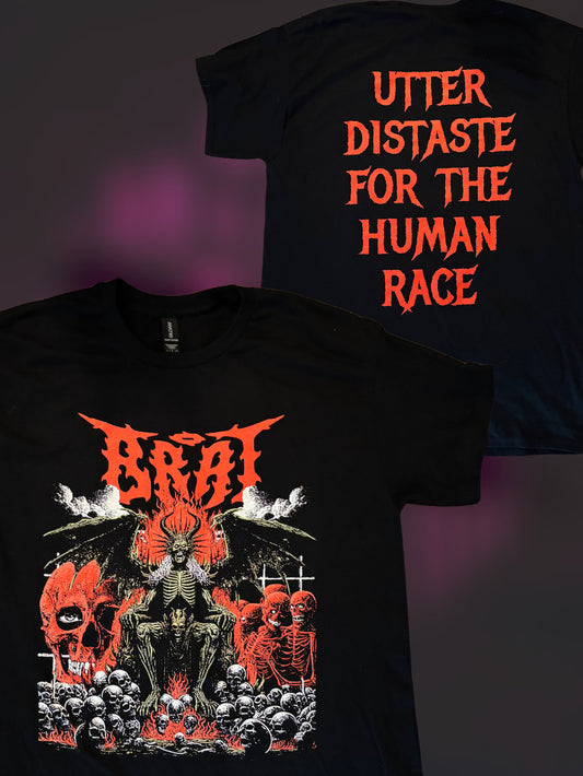 Overlord t-shirt in red and black with “Utter distaste for the human race” back print