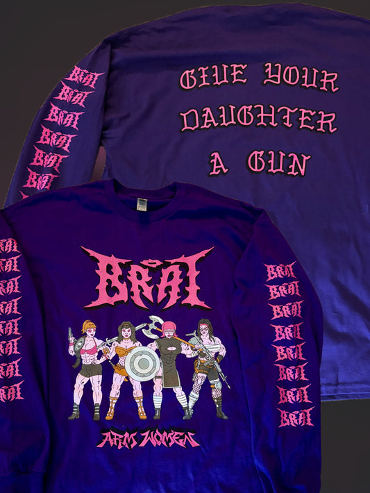 Arm Women tee in dark purple with “Give your daughter a gun” backprint